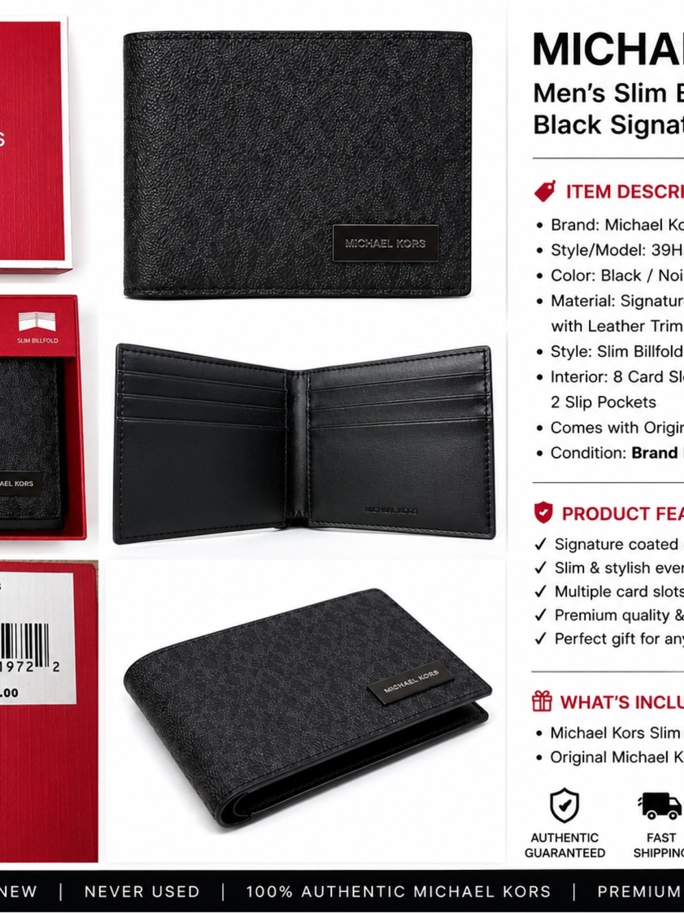 Michael Kors Black Men's Bi-Fold Card & Key Wallet